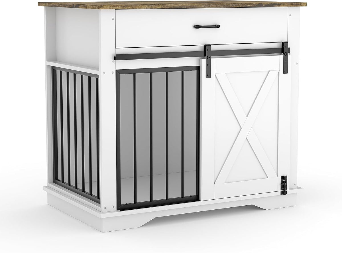 Garvee 38" Farmhouse Style Dog Crate Furniture - Indoor Wooden Dog Kennel with Sliding Barn Door, Buffet Cabinet with Storage Drawer & Pet Cage House Side Table for Small Medium Large Dogs