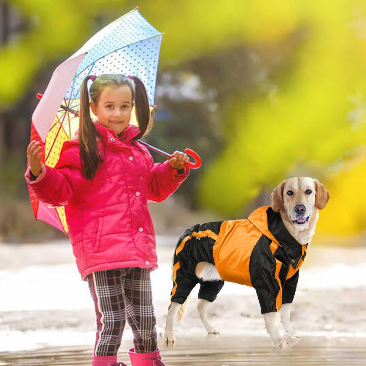 Dog Raincoat, 4 Leg Waterproof Dog Rain Jacket with Hood, Orange M