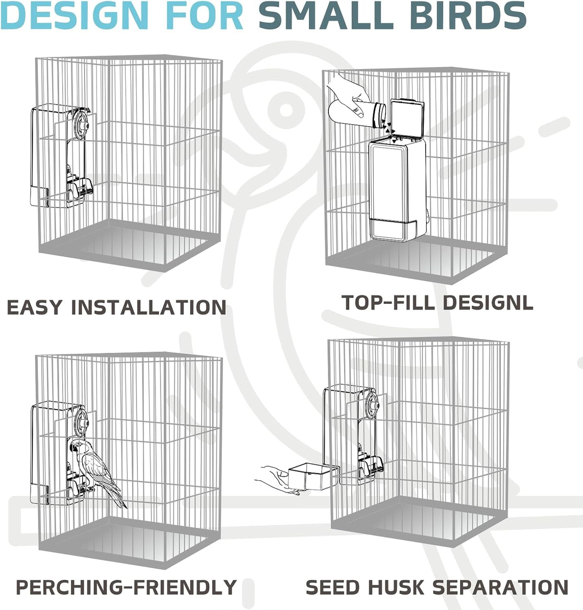 Automatic Bird Feeder, Bird Cage Feeder with Perch for Parakeet Canary Cockatiel Finch (Blue)