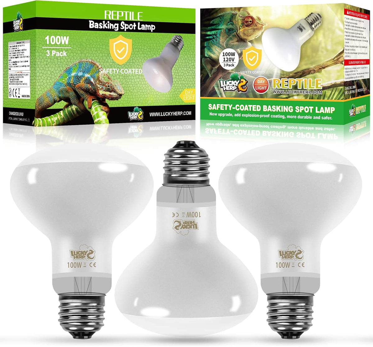 LUCKY HERP New Upgrade 3 Pack 100W Reptile Heat Lamp Bulb (3nd Gen, Safer), Amphibian UVA Heat Light Bulb, Reptile Basking Daylight Spot Lamp Bulb for Bearded Dragon, Lizard, Tortoise Heating Use