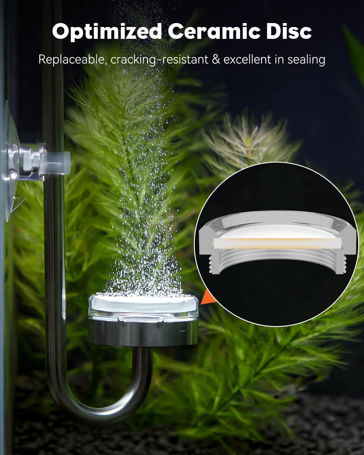 Pawfly Aquarium CO2 Diffuser, Aquarium Stainless Steel CO2 Diffuser with Built-in Check Valve and Suction Cups for Aquarium Plants, Fish Tank Atomizer with Improved Ceramic Disc