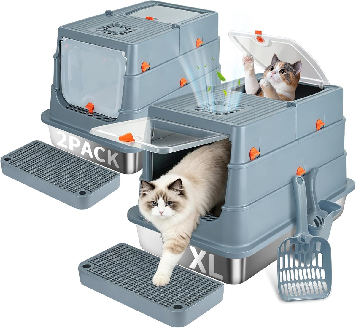 Stainless Steel Litter Box - Covered Litter Box with Lid, Litter Scoop 1PCS & Anti-Skid Stickers, High Walls Odor Free Non-Stick Low Entry Easy Clean for Kitten Multi-Cat Indoor Home Silver