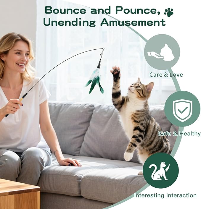Pawaboo Feather Teaser Cat Toy, Interactive Feather Wand Cat Toy Flying Feather - Image 5
