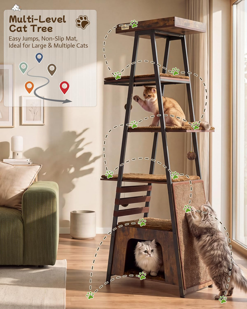 71" Modern Cat Tree for Large Adult Cats, Staggered Platforms