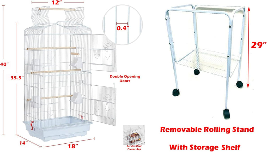 Large Open/Close Top Bird Cage Side Breeding Nest Box Doors Easy Clean Pull Out Tray Clear Feeder Cups for Canary Parakeet Cockatiel Lovebird Finches with Removable Rolling Stand