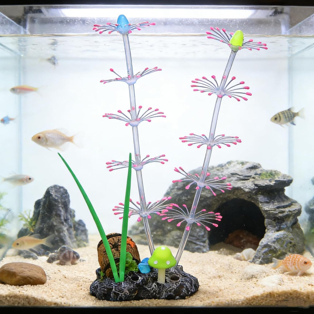 Soft Silicone long Coral Decor with Dynamic Swaying Motion, Weighted Base Aquarium Ornament for Lifelike Reef Aesthetic in Freshwater Saltwater Fish Tank, Safe Shelter for Invertebrates (Purple)