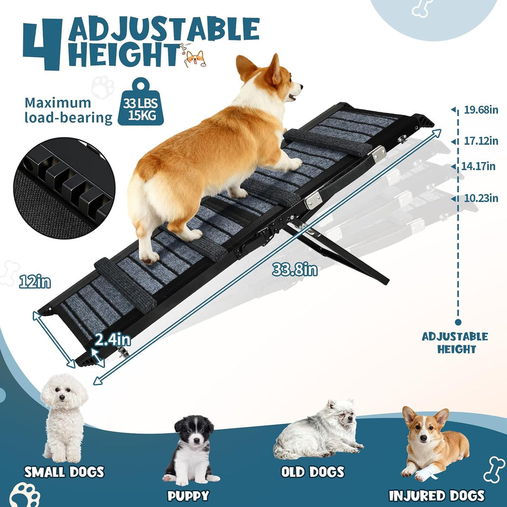 Upgraded Dog Ramp for Couch & Bed, Foldable Small Dog Ramp for Sofa Stairs, 4 Adjustable Height from 10'' to 20'', Aluminum Portable Stable Pet Steps with Non-Slip Pad, Up to 35 lbs
