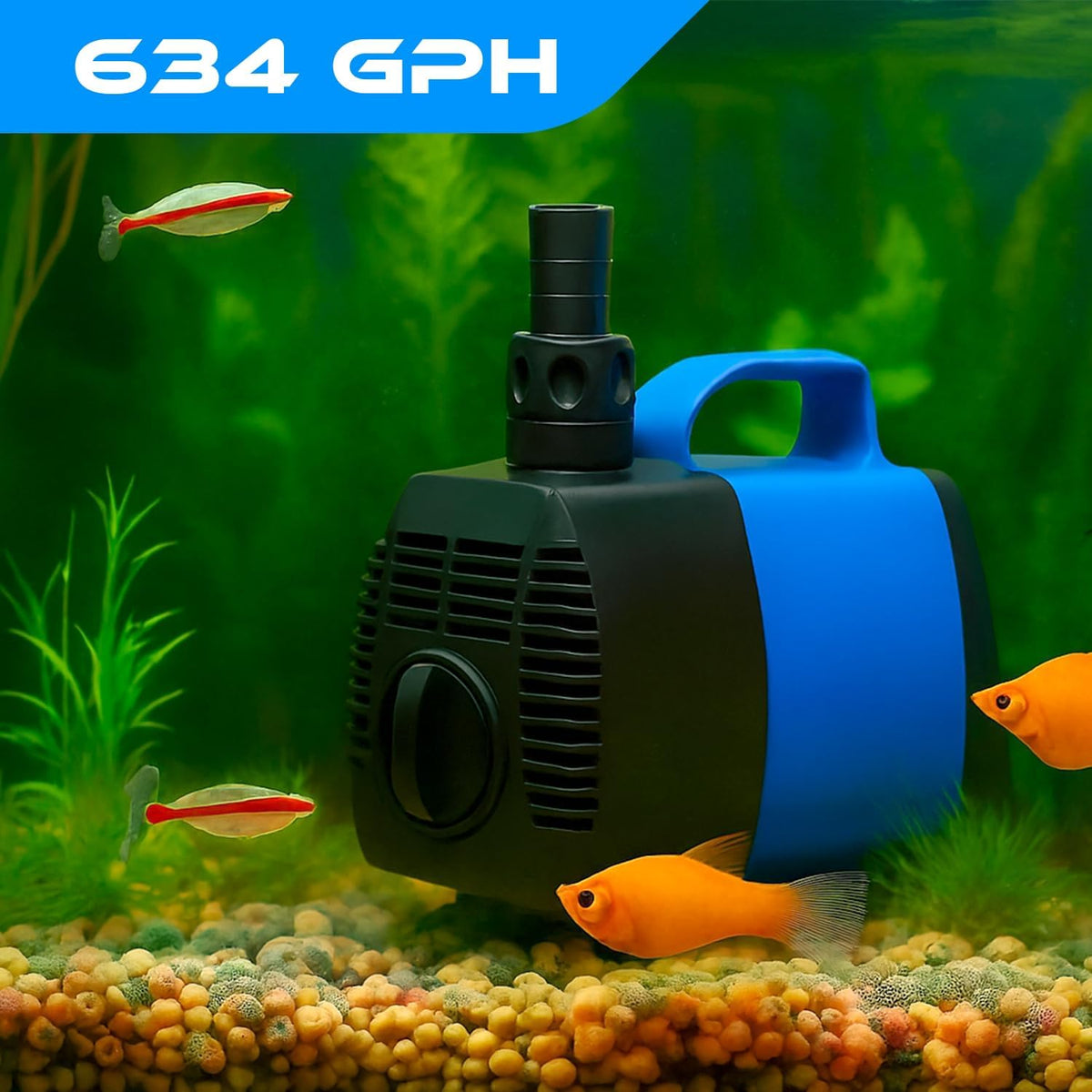 634 GPH Amphibious Submersible and Inline Water Pump - For Aquarium, Pond, Hydroponics, Fountain with Ceramic Shaft, 6.39 ft Lift, 35W