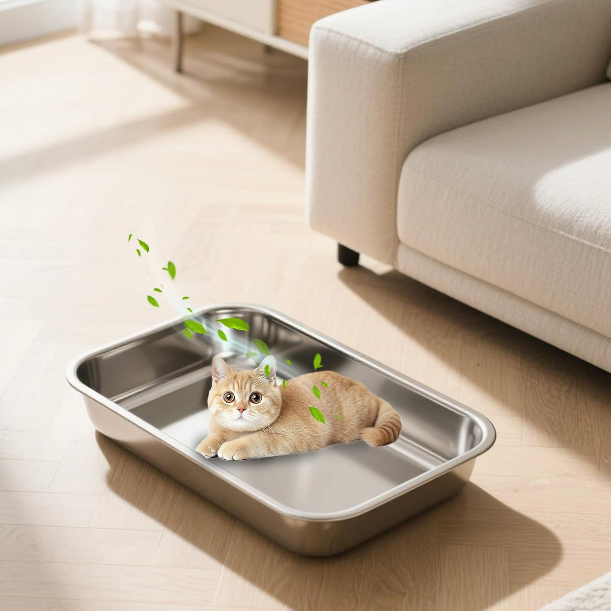 Low Entry Stainless Steel Cat Litter Box for Kittens, Metal Kitty Shallow Litter Box, Easy Access Kitty Litter Pan Tray, Easy Cleaning -17.72'' Lx 13.78'' W x 2.76'' H