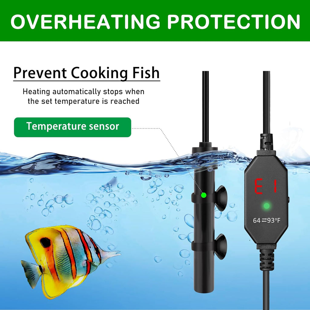 Small Submersible Aquarium Heater, Adjustable Mini Fish Tank Heater 15W 25W 50W with External Temperature Controller, Digital Display, Alumina Ceramic, for 3/5/10 Gallons (15W)