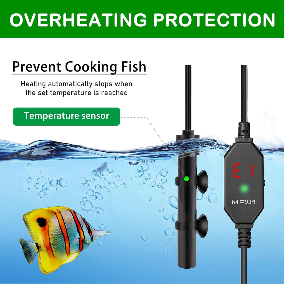 Small Submersible Aquarium Heater, Adjustable Mini Fish Tank Heater 15W 25W 50W with External Temperature Controller, Digital Display, Alumina Ceramic, for 3/5/10 Gallons (15W)
