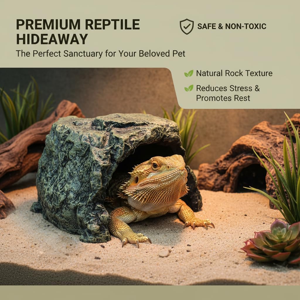 Generic Rock Hide Cave for Reptiles & Amphibians, Large Aquarium Fish Hide Cave Decoration, Stone Cave Hide House Terrarium & Aquarium Accessories for Betta, Shrimp, Turtle, Bearded Dragons, Lizards
