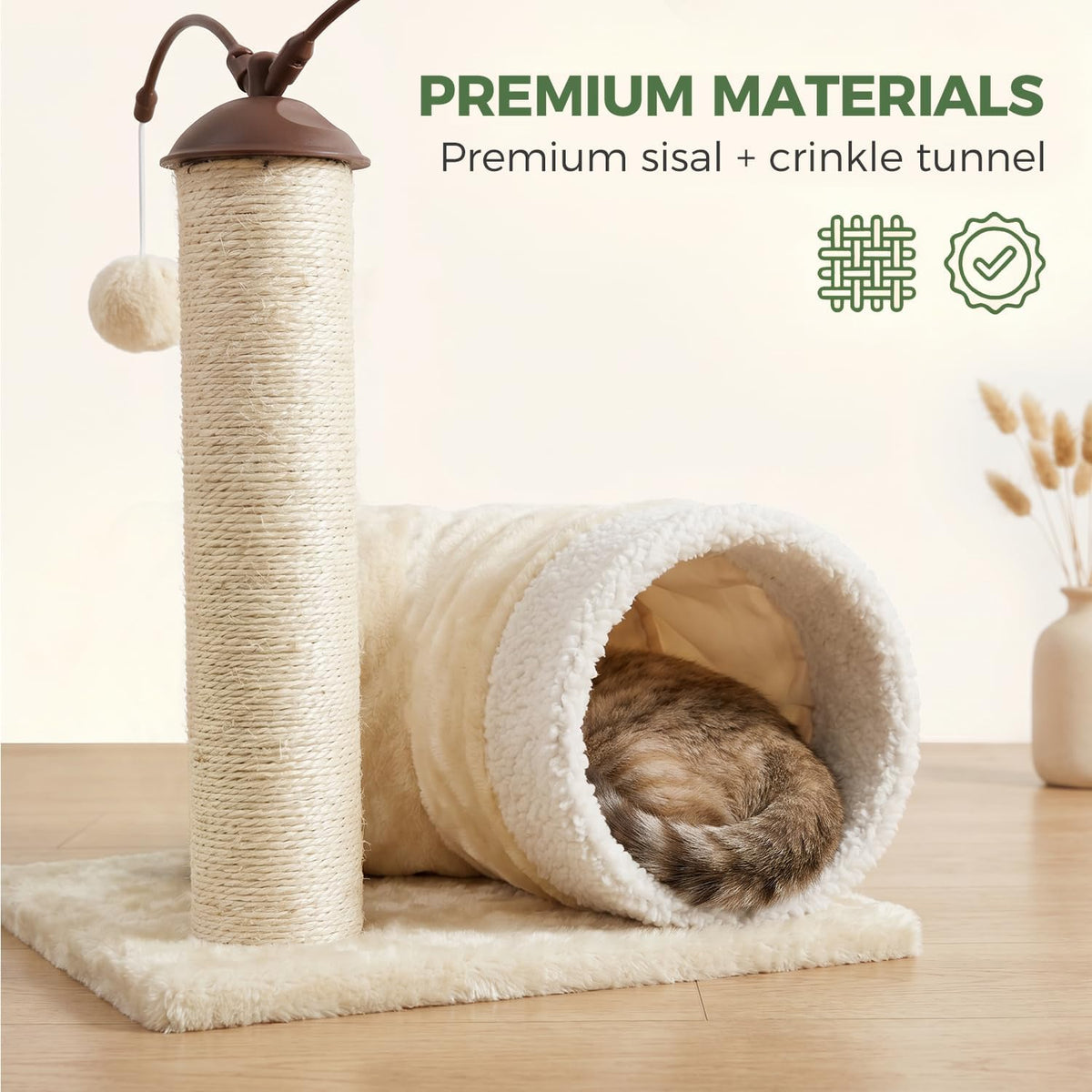 Cat Scratching Post with Tunnel Small Cat Tree for Indoor Cats, Biege