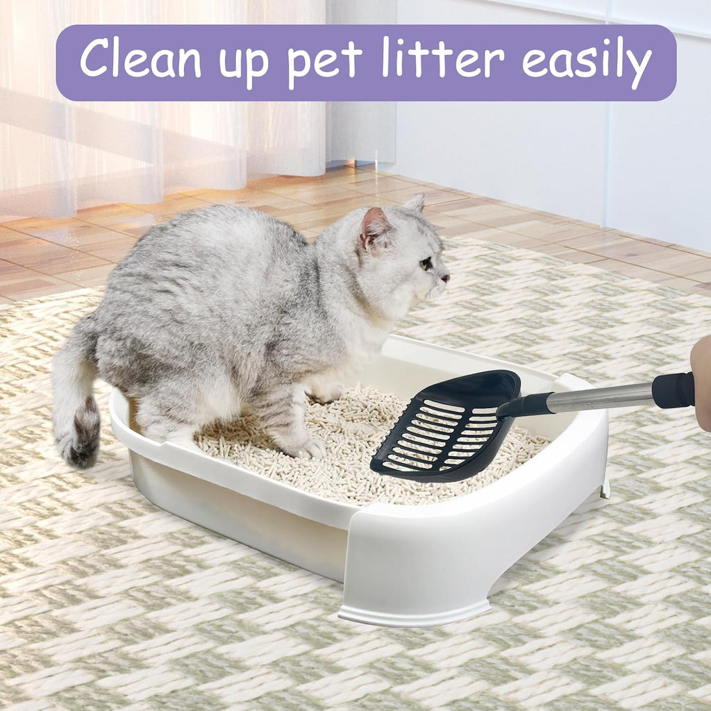 PINVNBY Cat Litter Scooper, Long Handle Litter Sifter Scoop with Litter Scoop Holder Stainless Steel Kitten Scooper Deep Kitty Litter Scooper with Box Metal Detachable Sifting Litter Shovel Set