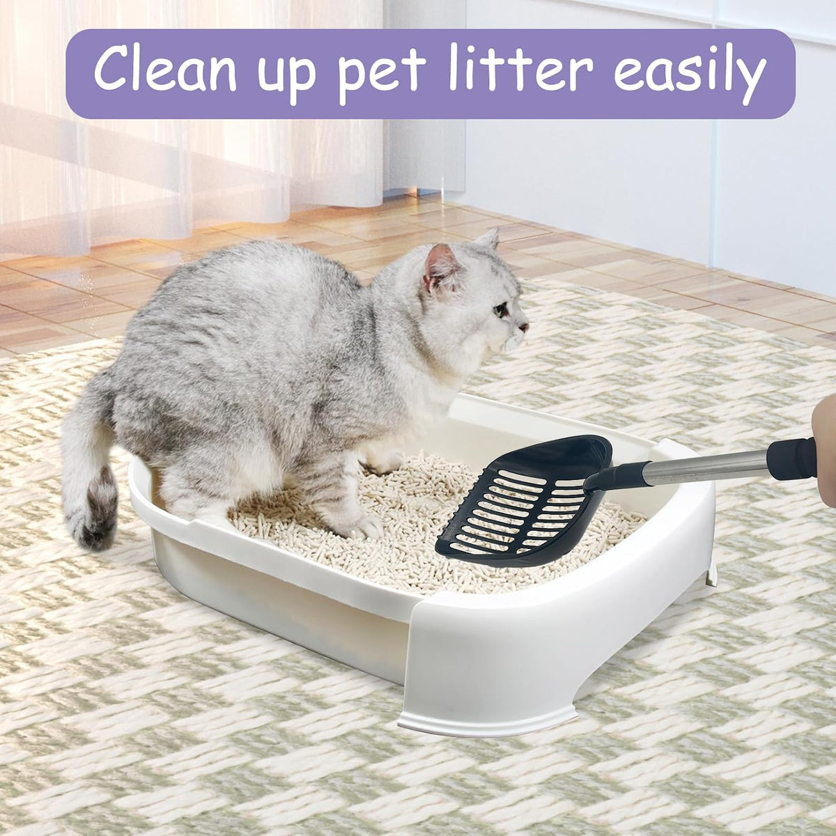 PINVNBY Cat Litter Scooper, Long Handle Litter Sifter Scoop with Litter Scoop Holder Stainless Steel Kitten Scooper Deep Kitty Litter Scooper with Box Metal Detachable Sifting Litter Shovel Set