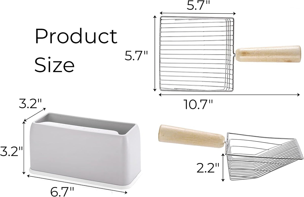 Hiceeden 2 Pack Fast Sifting Cat Litter Scoop with Stand, Metal Kitty Litter Scoop Holder with Wooden Handle, Easy Clean Cat Poop Scooper for Kitten Litter Box, Gray and Blue