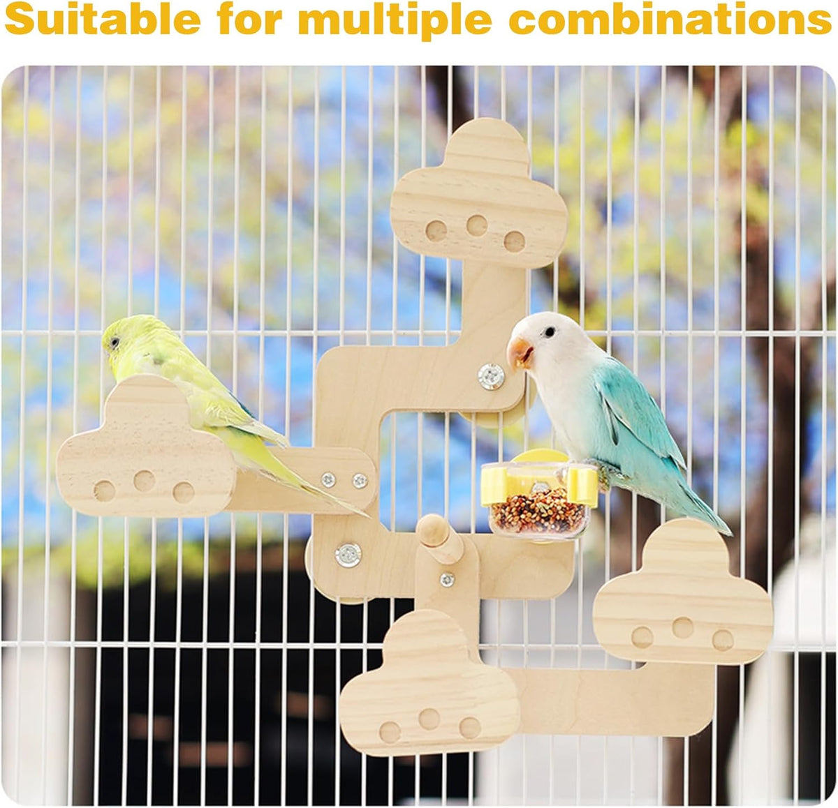Parrots Playground,Natural Wood Perch Stand with Feeding Cups,Parrots Play Gym,Birds Perch Stand for Budgie Conures Cockatoos Lovebirds(Includes PVC Food Bowl)