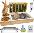 3 in 1 Rabbit Hay Feeder with Litter Box and 2 Bowls, Solid Wood Bunny Feeder Station with Adjustable Metal Hay Rack, Water Feeder, Cleaning Kit for Rabbits, Guinea Pigs, Chinchillas, Hamsters