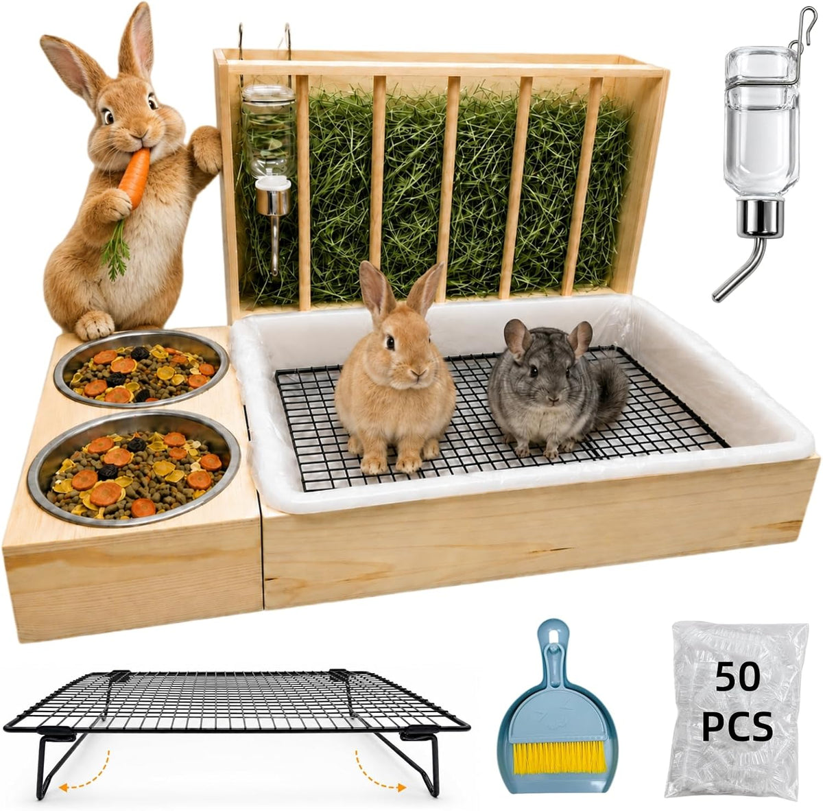 3 in 1 Rabbit Hay Feeder with Litter Box and 2 Bowls, Solid Wood Bunny Feeder Station with Adjustable Metal Hay Rack, Water Feeder, Cleaning Kit for Rabbits, Guinea Pigs, Chinchillas, Hamsters