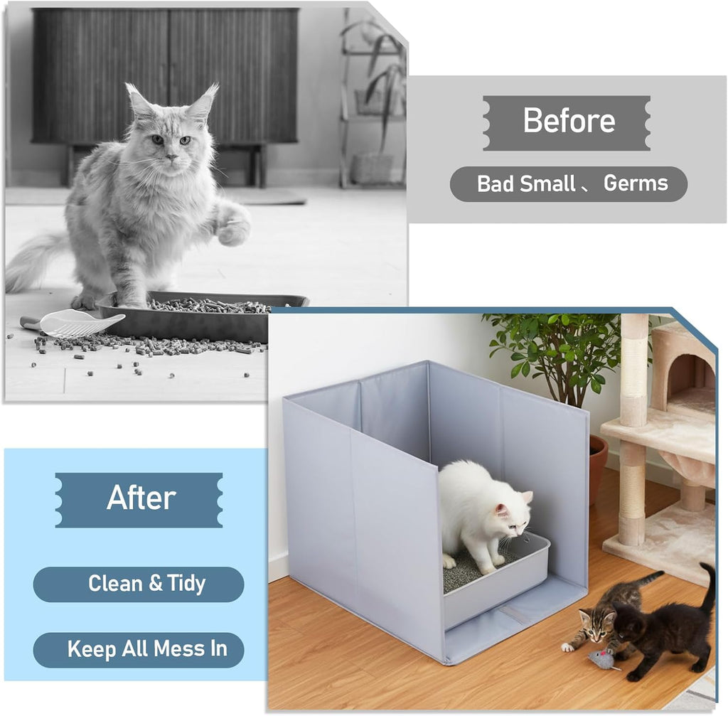 Kifmurase Foldable Cat Litter Box Enclosure, All-in-One Box Splash Guard for Pet Litter Pan, Open Top Side Shield Pad with 2 Hooks for Scoop and Removable Mat, Easy Clean Pee Pad Holder, 24x17x16 Inch