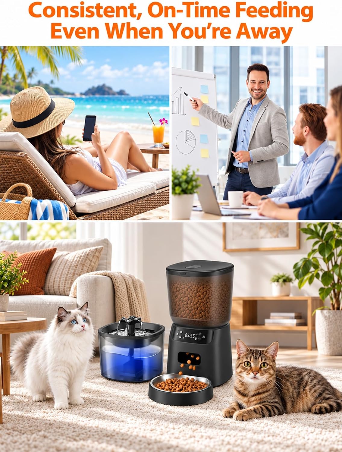 Automatic Cat Feeder and Cat Water Fountain, Timed Dry Food Dispenser