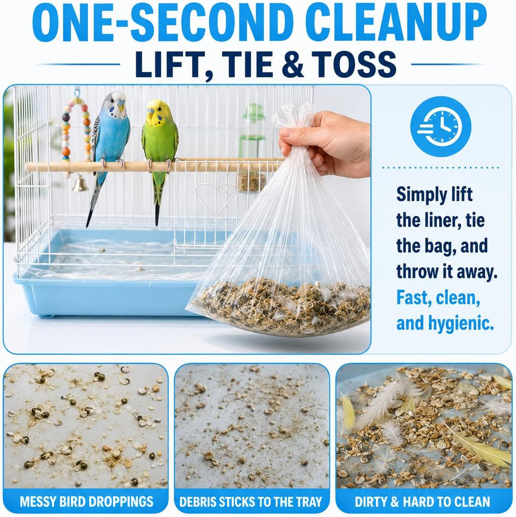 50 Pack Disposable Bird Cage Liners, Clear Plastic Cage Tray Liner Bags, Elastic Edge Disposable Liners for Parrots, Canaries, Cockatiels and Small Animals, 24 x 16 Inches