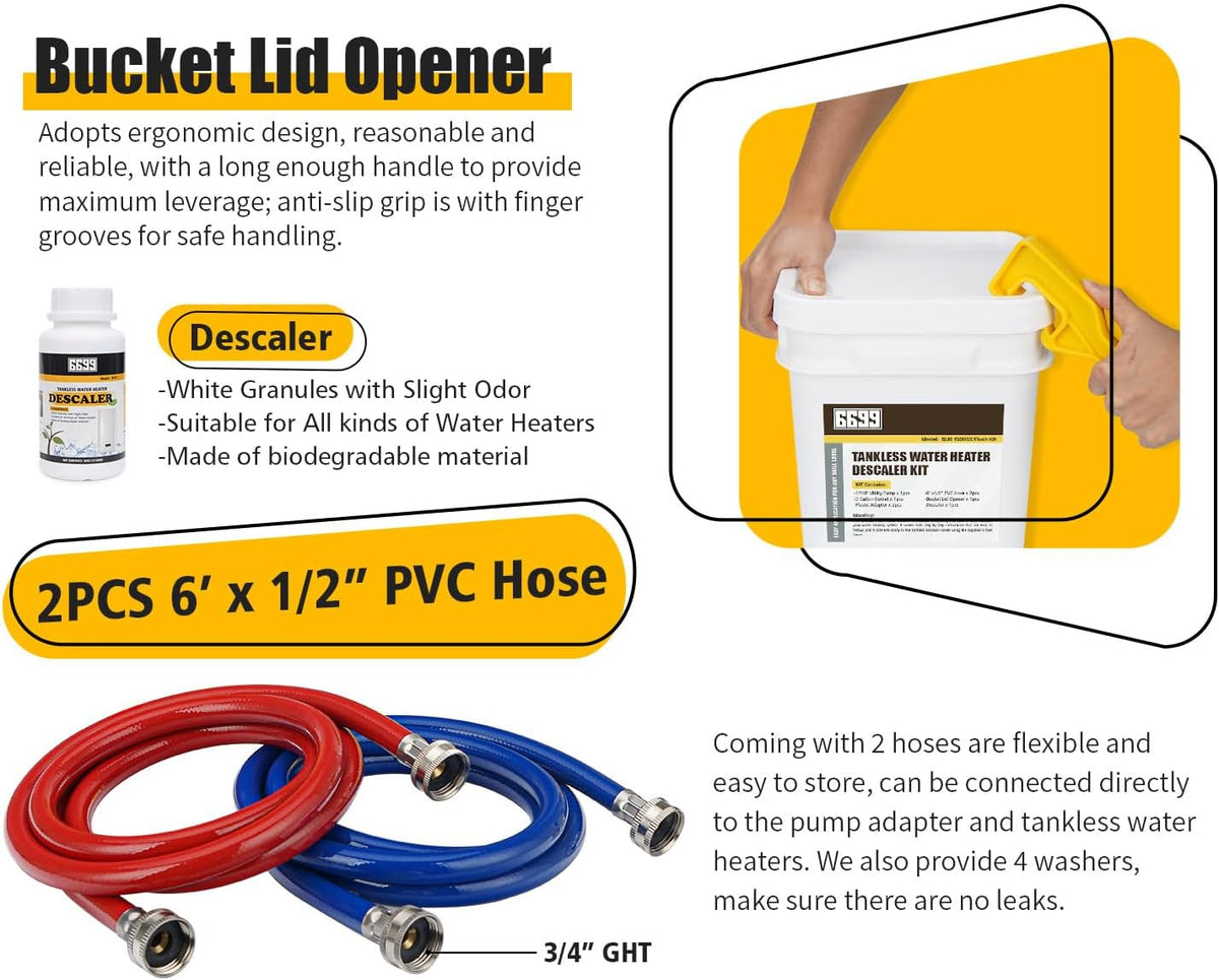 Tankless Water Heater Flushing Kit Includes 1500GPH Stainless Steel Pump with Two Adapters & Cleaner & 3 Gallons Pail with Bucket Lid Opener & Two 1/2” Dia X 6’ Hoses SUB 1500SS Flush Kit