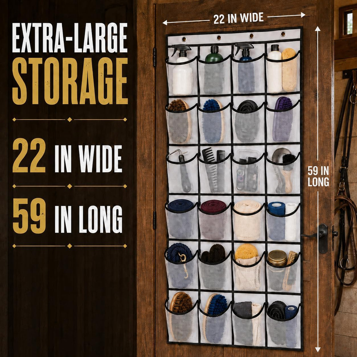 22" x 59" Extra-Large Horse Tack Organizer for Horse Tack Room Organization - Massive 24-Pocket Hanging Tack Bag, 3-in-1 Mounting, Horse Barn Accessories & Stable Storage