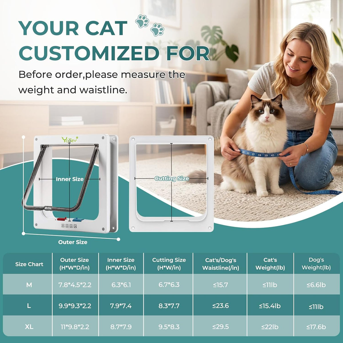 XL Cat Doors Outer Size 11" x 9.8" 4-Way Locking Indoor Pet Door for Interior Exterior Door Wall Window, Weatherproof Cat Flap for Kittens & Dogs Easily Install
