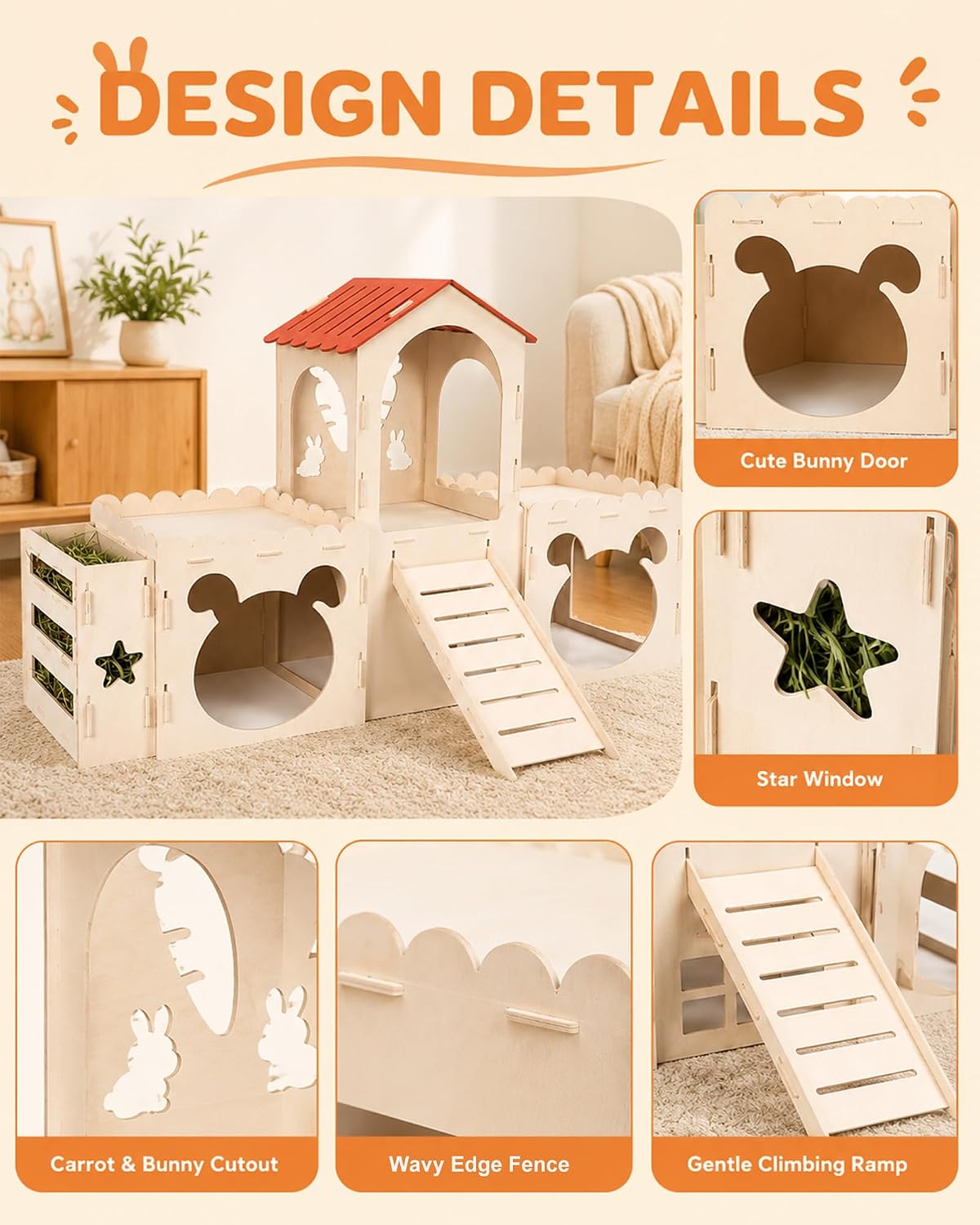 Extra Large Rabbit Castle with 2 Soft Fleece Mats and Hay Feeder,
