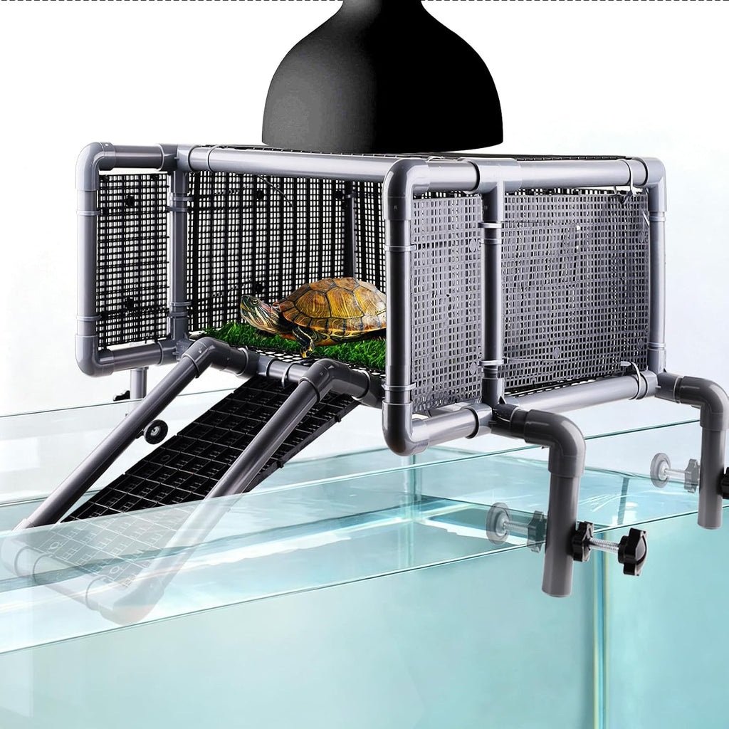 Escape-Proof Turtle Basking Dock Above Tank, Enclosed Ramp Grass Aquarium Tank Accessory