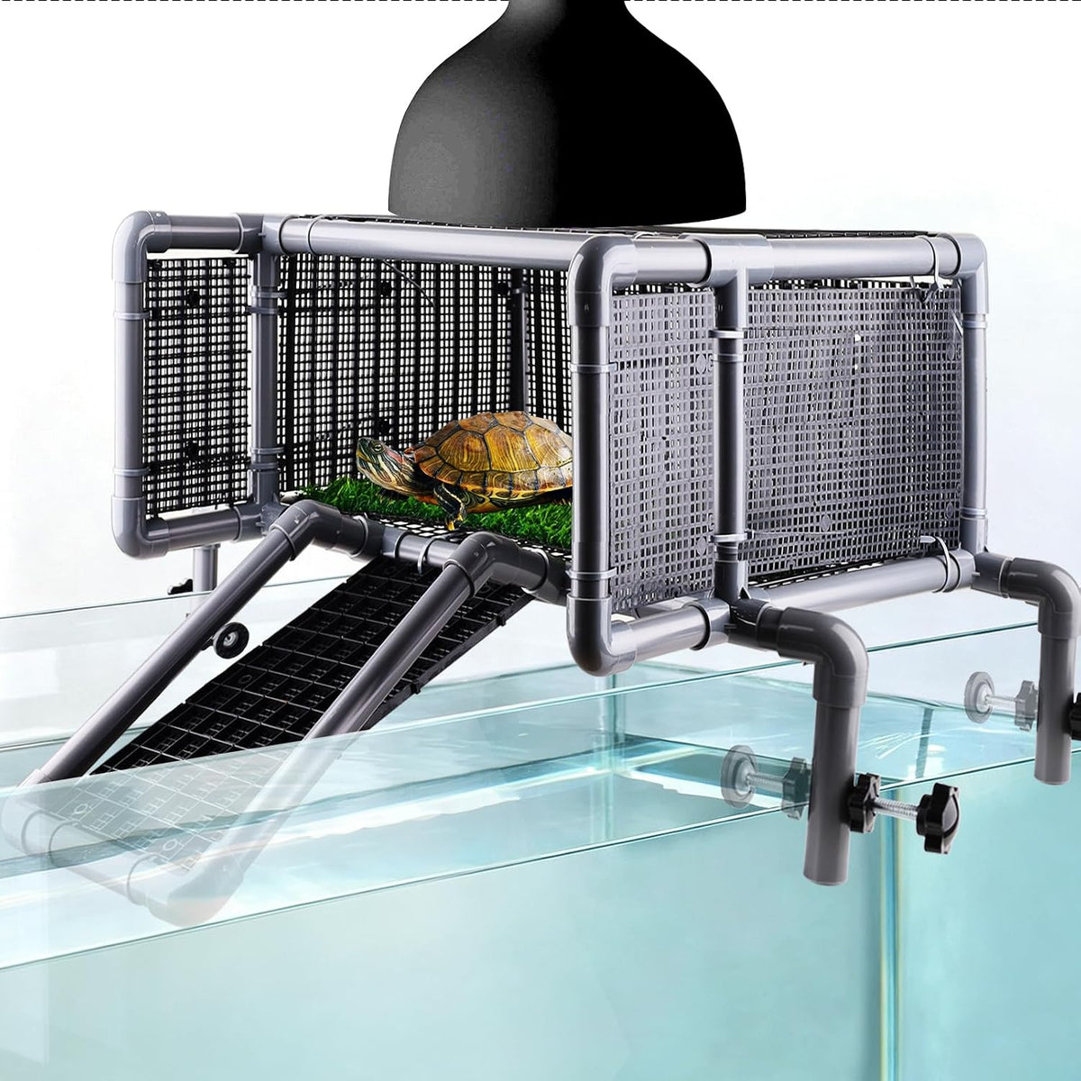 Escape-Proof Turtle Basking Dock Above Tank, Enclosed Ramp Grass Aquarium Tank Accessory