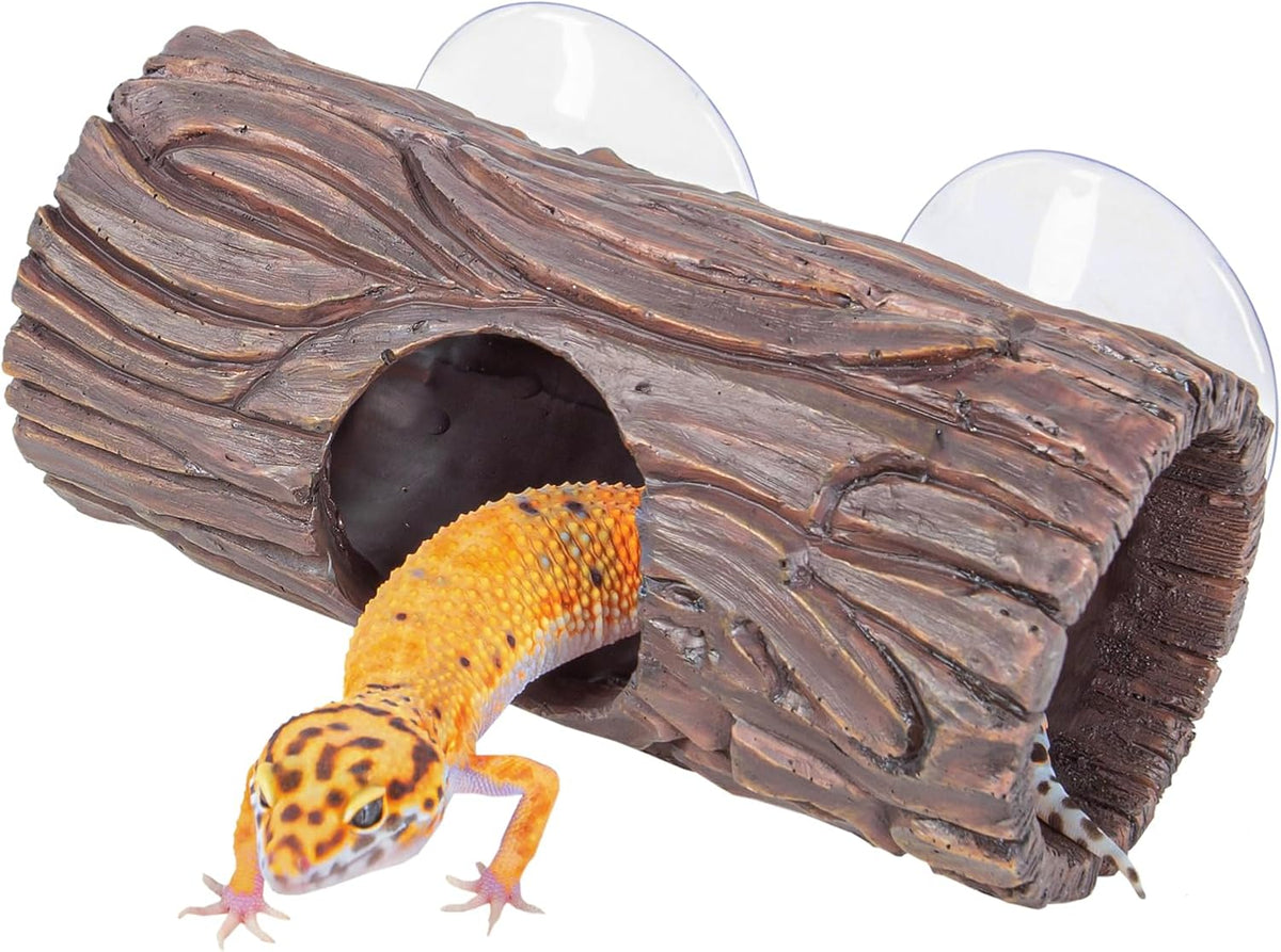 Reptile Hide, Resin Hollow Log Hideout with 2pcs Powerful Suction Cup, Reptile Tank Accessories Climbing Toys Terrarium Hideaway Caves Decor for Gecko, Lizard, Snakes, Hermit Crabs, Forgs