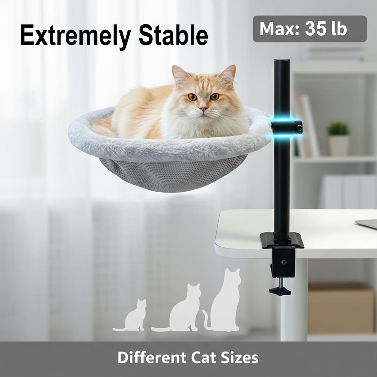Cat Desk Bed, 360° Rotating & Height Adjustable Cat Perch for Desk, Soft Faux Fur, Removable & Washable, Supports Up to 44 lbs – Perfect for Remote Workers, Gamers & Office Cats