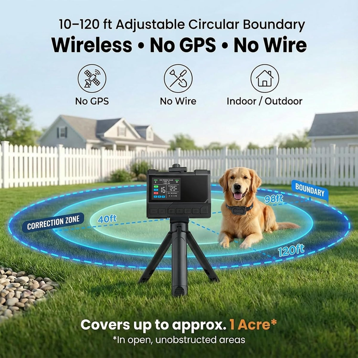 Invisible Fence for Dogs – 3-in-1 Wireless Boundary & Training System, Stable UWB Signal, Up to 1 Acre Coverage, Waterproof Collar, Indoor & Outdoor Use