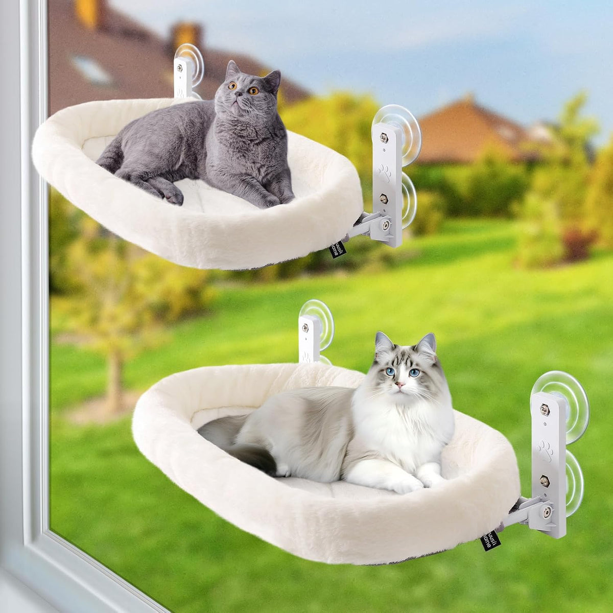 Sunhoo 2PCS Cat Window Perch Hammock Cordless Kitty Sunny Bed Seat Window Sill Shelf for Inside Cats Foldable Lounger with 4 Strong Suction Cups Soft Plush Cover 21 * 11.8 in Holds up to 40lbs (Grey)