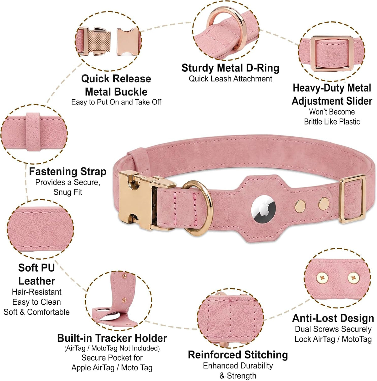 FurryVoyage Adjustable Pet Collar with Built-in Tracker Holder for Apple AirTag & Moto Tag, PU Leather Dog Collar, Quick Release Metal Buckle, D-Ring & Dual Screw Anti-Lost Design (Pink, XS (9"-12"))