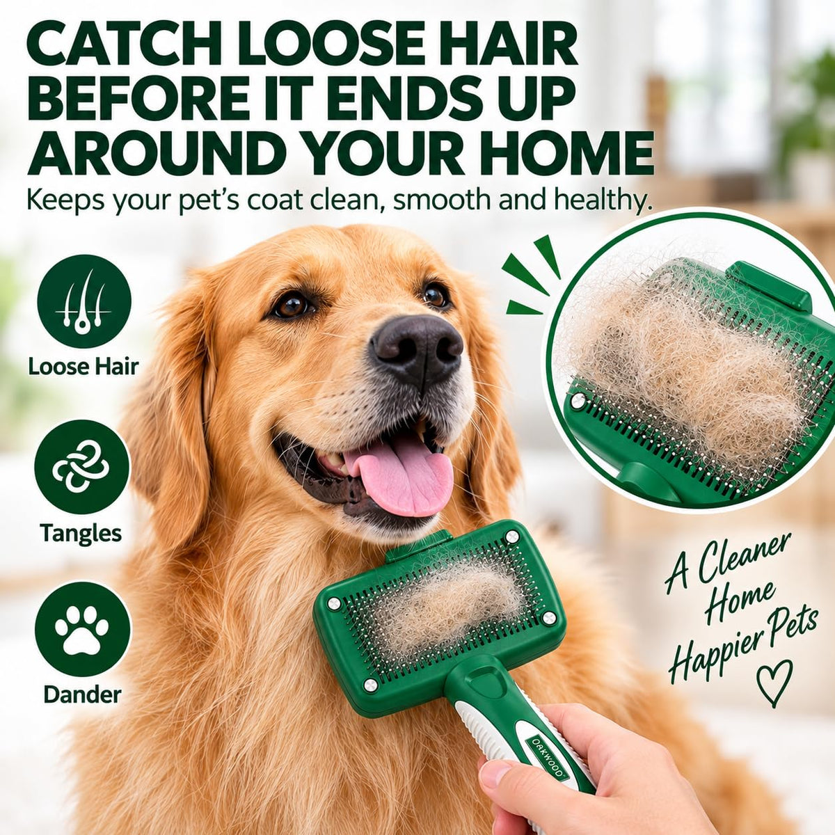 Oakwood by Libman Self Cleaning Slicker Brush for Dogs & Cats – Dog Brush for Shedding, Detangling & Grooming – Removes Loose Hair, Tangles & Dander – Click-to-Clean – Long, Short, Curly & Wiry Coats
