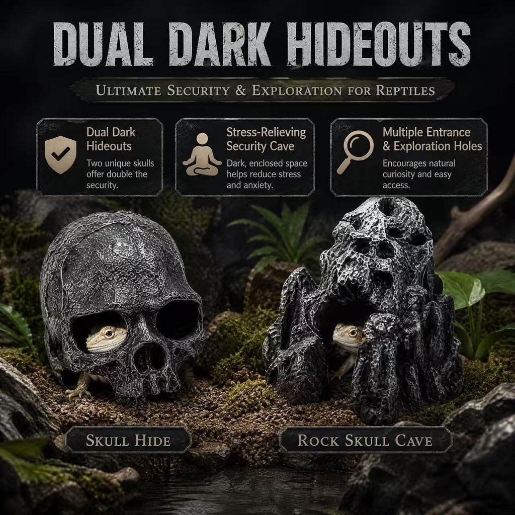 Reptile Hide Cave, 6 Pcs Terrarium Decor Set: Snake Hideout, Skull, Rock Shelter, Water Dish, Basking Bridge & Artificial Plants for Ball Python, Leopard Gecko, Bearded Dragon Tank Accessories