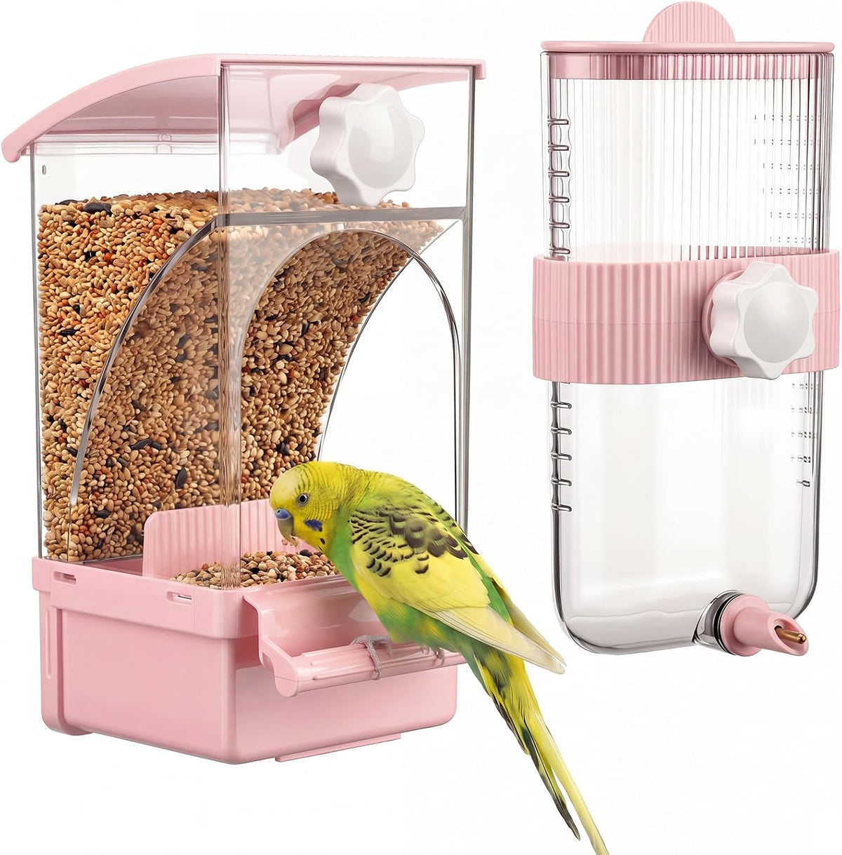 Novabright No Mess Bird Feeder Water Dispenser Set, Automatic Transparent Bird Food Container and 12 oz Automatic Water Feeder for Small Birds Parrot, Cockatoo, Canary, Cage, Lovebird, Budgies(White)