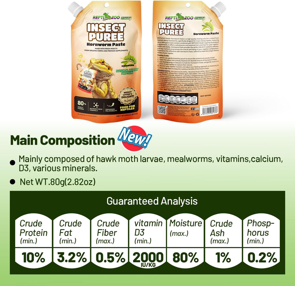 Crested Gecko Food Insect Puree, Hornworm Paste Reptile Food Made with Fresh Insects 2.82oz