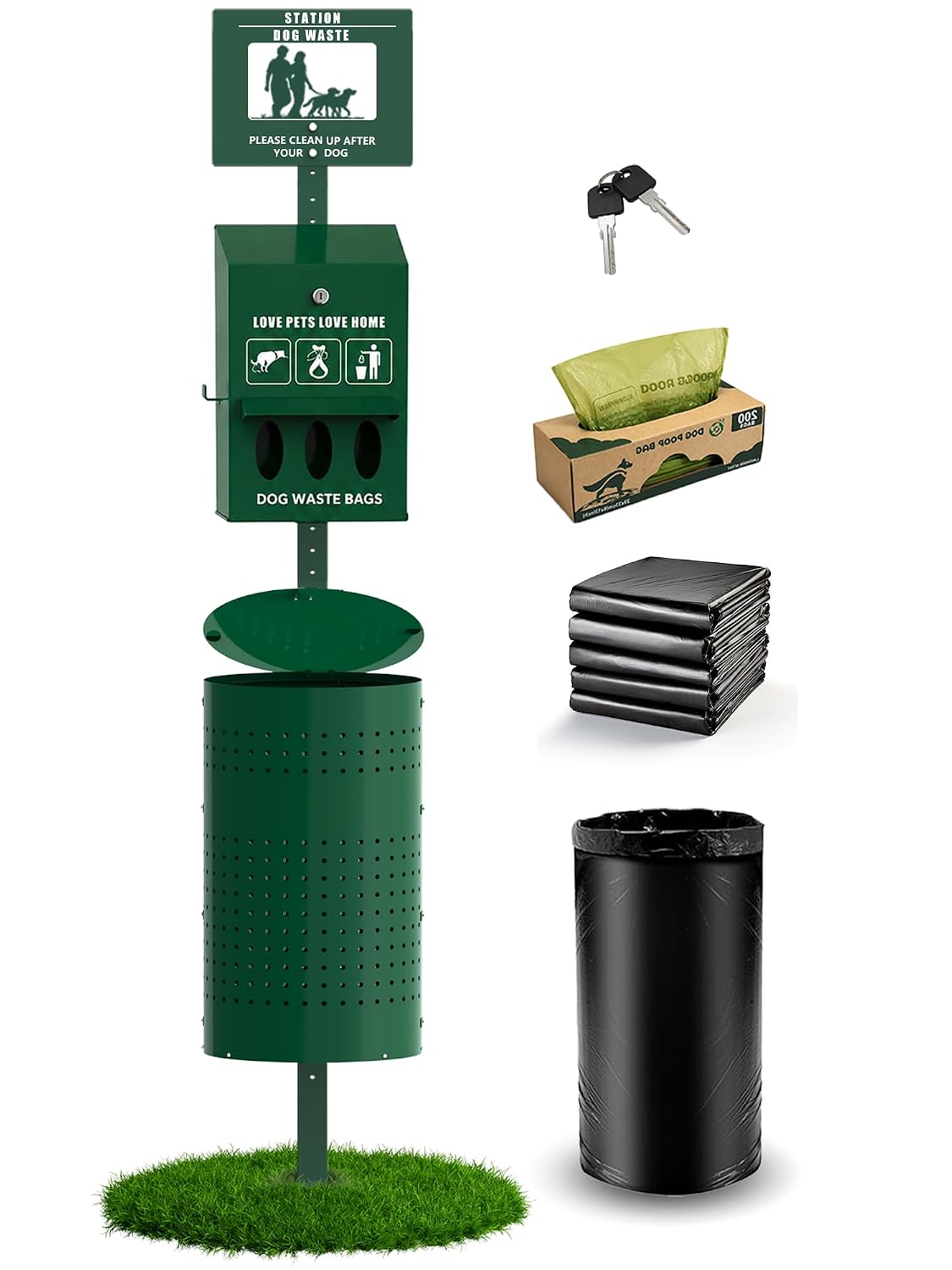 Dog Waste Station, 11.5 Gallon Pet Waste Station with Lockable Bag Dispenser – Heavy Duty Outdoor Dog Poop Station with Poop Bags & Can Liners for Parks, Apartments, Communities & Backyards