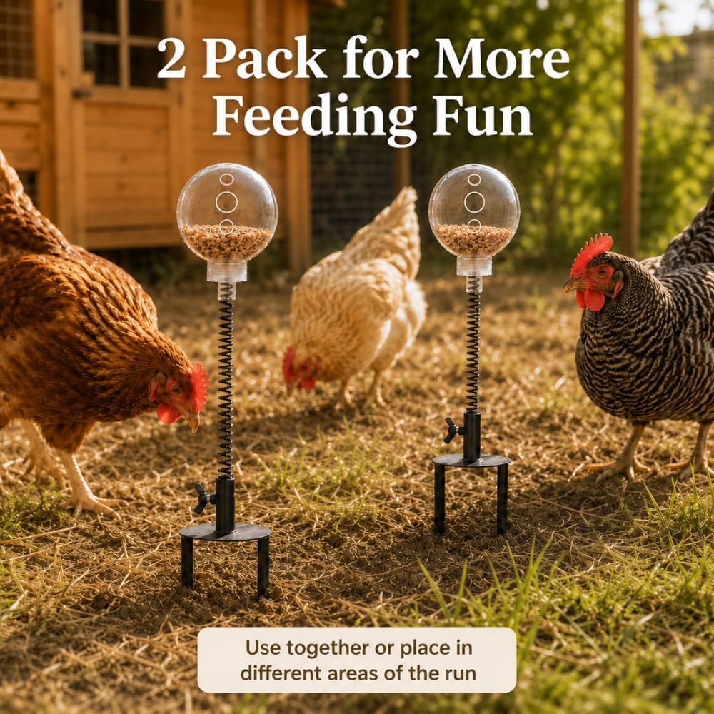 Chicken Treat Dispenser Toy 2 Pack, Spring-Action Treat Balls with Screw-Secured Ground Stakes, Slow Feeder Pecking Enrichment Toys for Hens, Backyard Chickens and Poultry