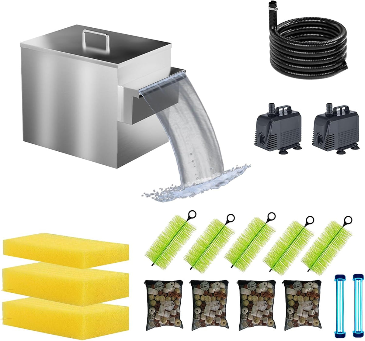 Carefree Fish Koi Pond Multi-Layer Filter Box 304 Food-Safe Stainless Steel Construction Garden Water Waterfall Filtration with Submersible Pump(Patent No.:US D1067273S)