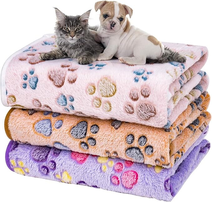 Dono 1 Pack 3 Dog Blankets for Small Dogs, Soft Fluffy Paw Print Pattern Fleece by Dono