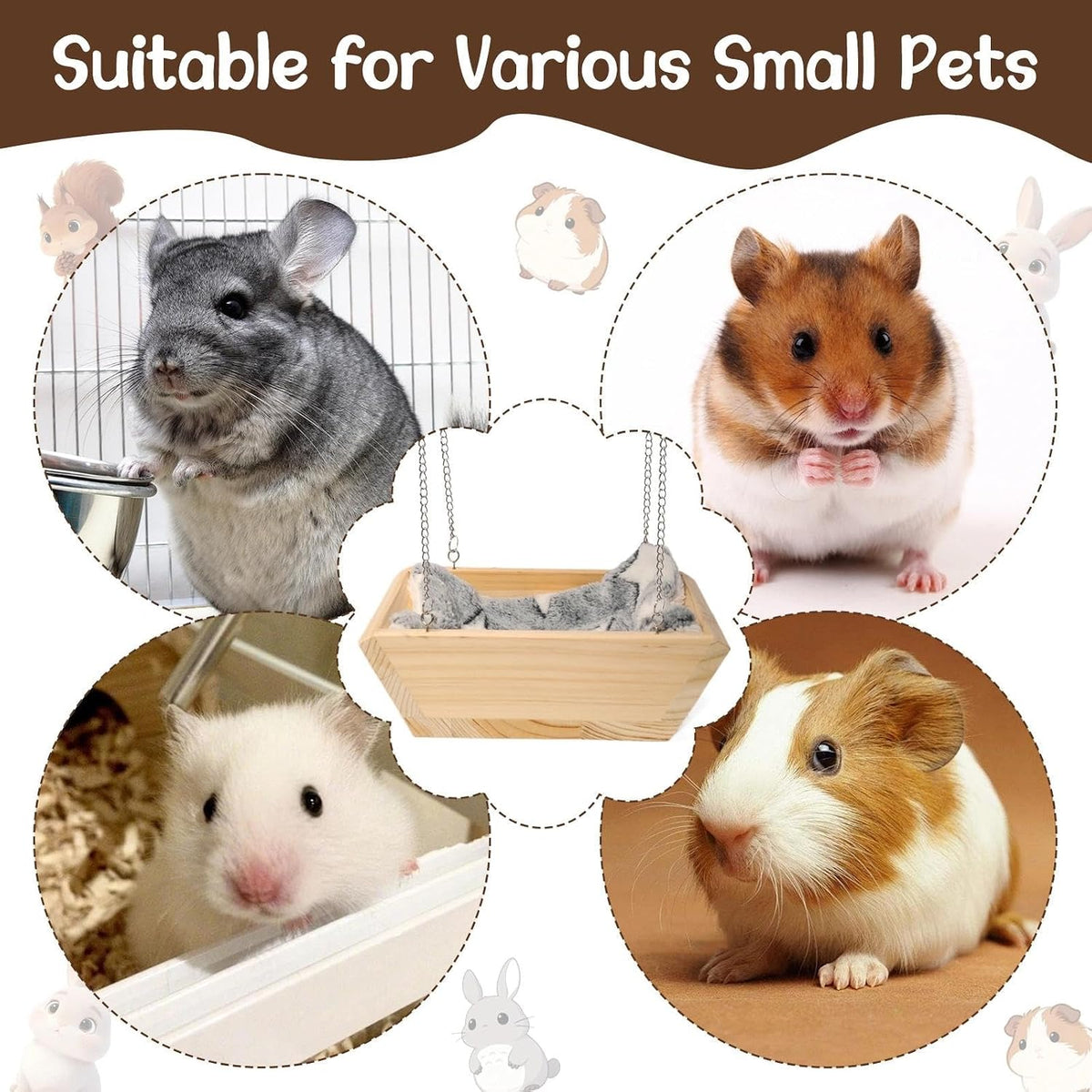 Large Wooden Hanging Bed with Plush Mat, Hammock for Chinchilla Rat Guinea