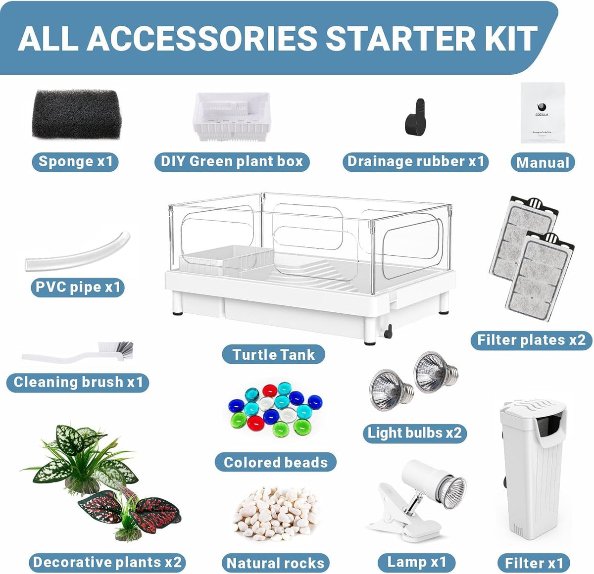 GOZILLA Small Turtle Tank Kit(Tank+Lamp+Filter), Acrylic Turtle Starter Kit with Adjustable Lamp, Reptile Habitat and Terrarium with Multi-Functional Areas for Small Reptiles. (White Kit)