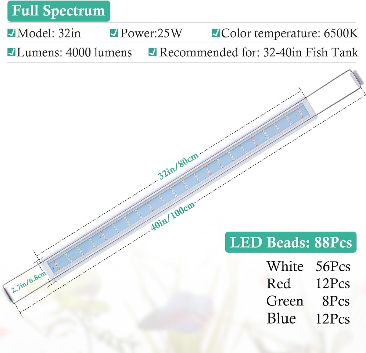 HITOP Full Spectrum LED Aquarium Light 32-36" Classic Fish Tank Light with Timer, Aquarium Plant Light with Stable Extendable Brackets