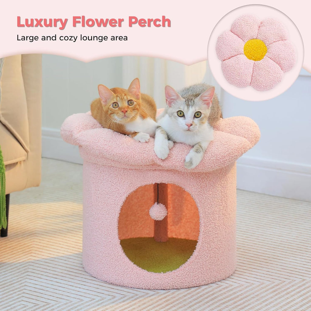 PETEPELA 20" Cute Cat Tree House with Removable Flower Bed, Pink