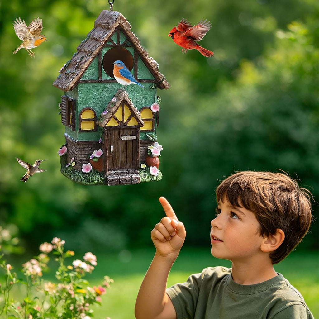 Bird Houses for Outside Rustic Cottage Thatch Roof Birdhouse with Flowers – Hand-Painted Resin Birdhouses for Outdoors for Bluebird Finches Cardinals Bird Nesting Garden, Patio, Yard